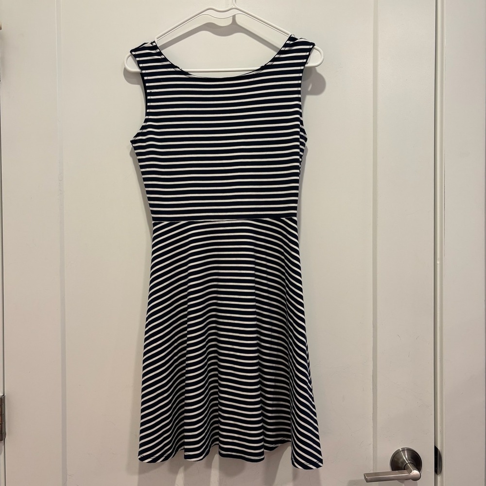 Homebody Navy Blue White Striped Skater Dress Criss Cross Back Size M